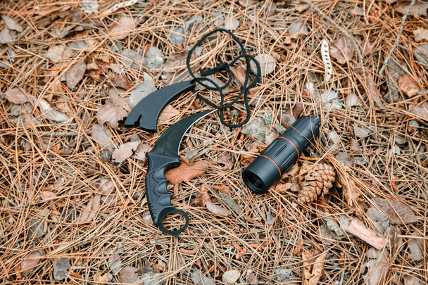 couteau monocle et karambit au sol recouvert d'aiguilles de pin
 - Photo, image