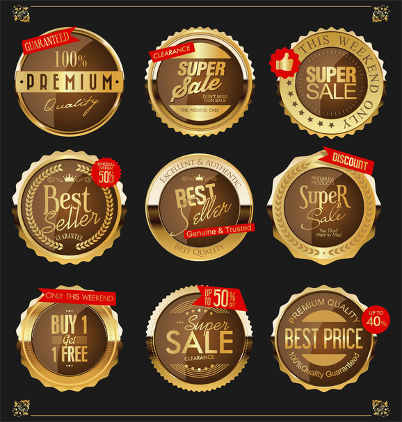 Colección de insignias y etiquetas de oro vintage retro  - Vector, imagen
