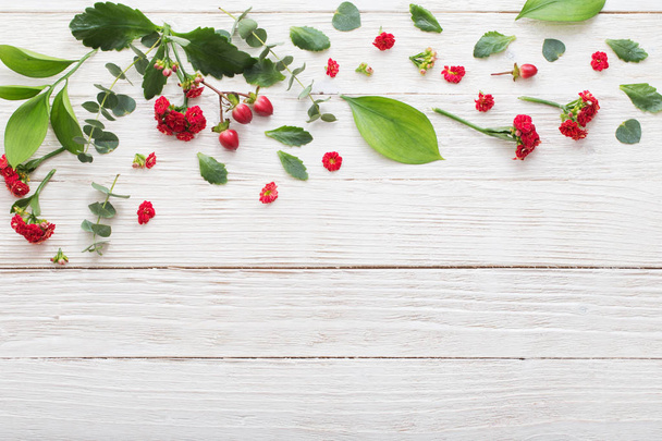 κόκκινα λουλούδια με φύλλα σε άσπρο φόντο ξύλινη - Φωτογραφία, εικόνα