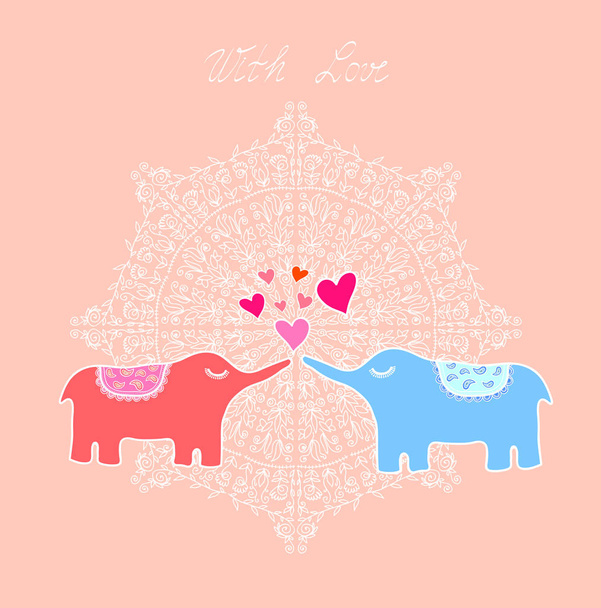 векторная иллюстрация красивого фона ко дню Святого Валентина с двумя слонами, целующимися на фоне орнамента мандала - Вектор,изображение