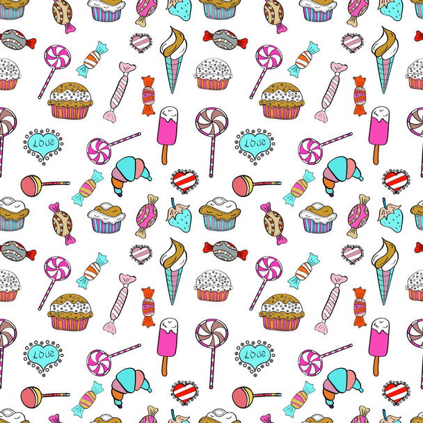 Op de witte, blauwe en zwarte kleuren. Candy vector doodle. Naadloze patroon met aquarel snoepgoed snoepjes. - Vector, afbeelding
