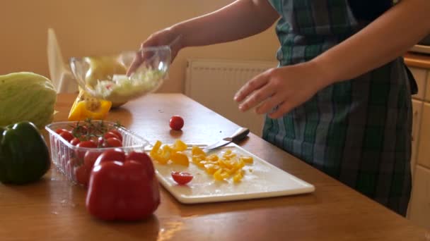 Girl prepares a vegetable salad in the kitchen. Close-up, female hands cut sweet pepper and cherry tomatoes with a knife - Felvétel, videó