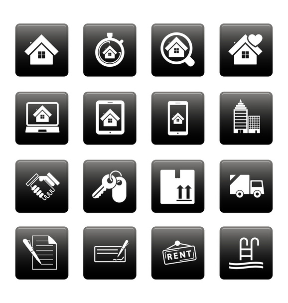 Real estate icons on black squares - Vettoriali, immagini
