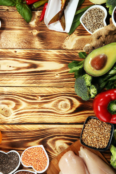 Čistá, jídlo výběr zdravých potravin. ovoce, zelenina, semena, su - Fotografie, Obrázek