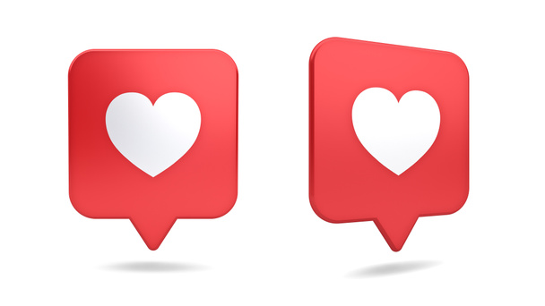 3d soziale Medien Benachrichtigung Liebe wie Herz-Symbol in rot abgerundete quadratische Nadel isoliert auf weißem Hintergrund mit Schatten 3d Rendering - Foto, Bild