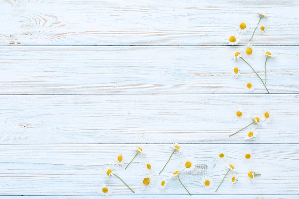 Chamomile flowers on wooden table - Фото, изображение