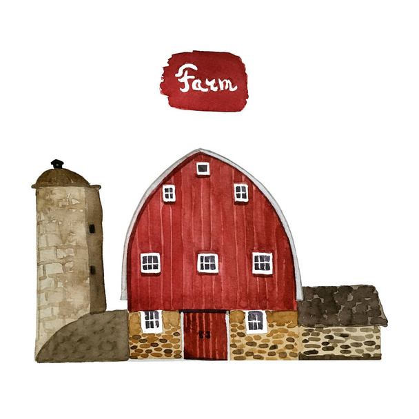 Acuarela ilustración de un edificio rojo granja con toalla y garaje de ladrillo
 - Foto, Imagen