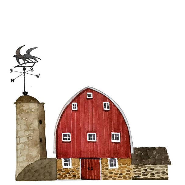 Ilustração aquarela de um edifício de fazenda vermelho com toalha e garagem de tijolo
 - Foto, Imagem