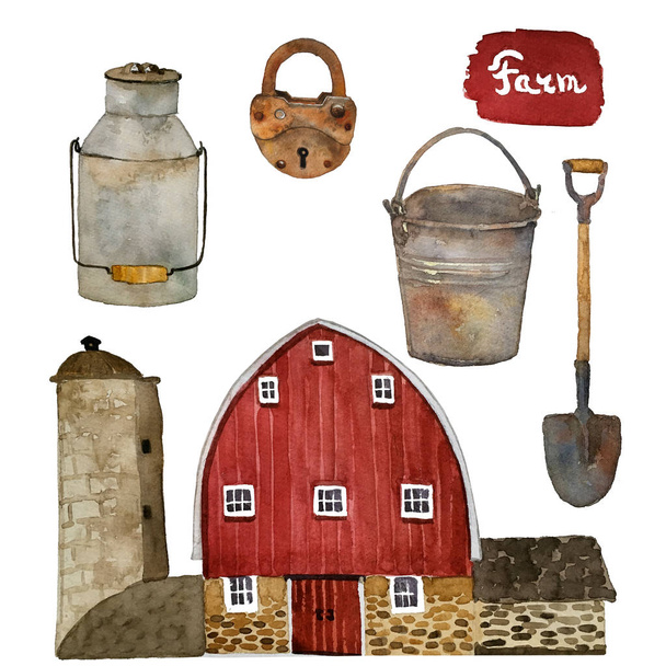 Conjunto de aquarela de um edifício agrícola de produção local, balde, gomas de pá e uma fechadura
 - Foto, Imagem
