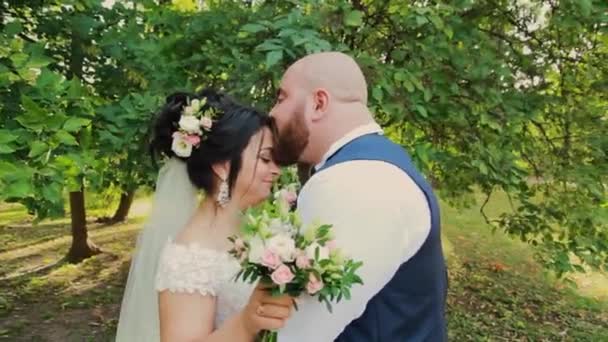 Happy newlyweds walking, hugging, kissing in the park. - Footage, Video