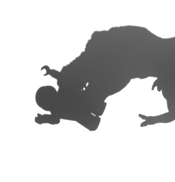 ombre d'un tyrannosaure mordant un corps humain sur blanc sans logo ni marque déposée
 - Photo, image