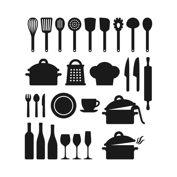 Set di utensili da cucina vettoriale icona nera. Apparecchi da cucina, pentola, grattugia, cappello da chef, mattarello, coltello, forchetta, cucchiaio icone vettoriali. - Vettoriali, immagini
