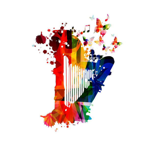 Kolorowe harfa z nut na białym tle projekt ilustracji wektorowych. Tło muzyczne. Pojemnik na żywo koncert muzyki instrumentu plakat z nut, Festiwal plakatu, Strona ulotki - Wektor, obraz