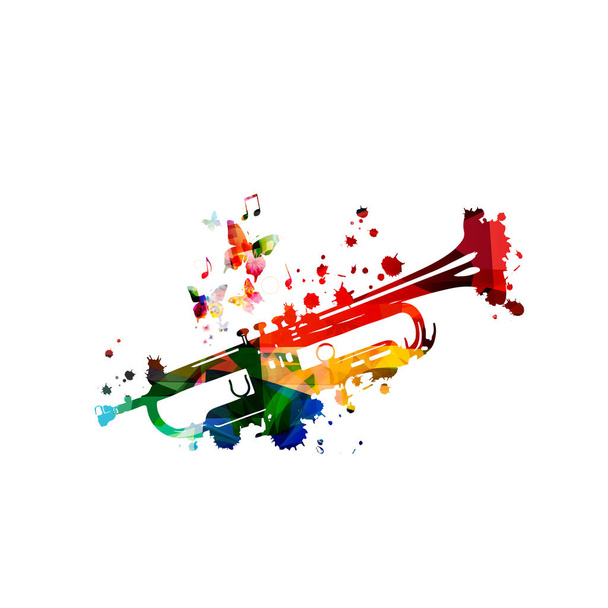 Színes trombita zenei jegyzetek elszigetelt vektoros illusztráció design. Zenei aláfestés. Zene eszköz zenei jegyzetek, fesztivál poszter, poszter élő koncert események, szórólap - Vektor, kép