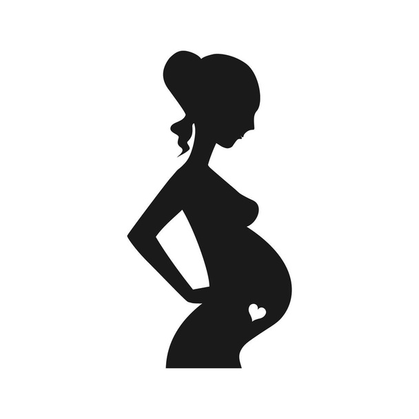 Pregnant woman black silhouette with heart belly vector design. Pregnant woman figure, maternity care with love concept. - Vector, Image