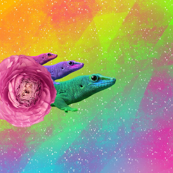 Současné umění college, barevné exotické zvířata ještěrky s květinami na barevném pozadí - Fotografie, Obrázek