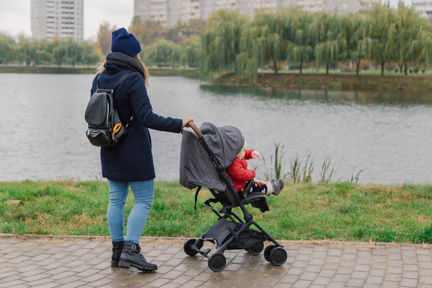 Egy nő sétál a parkban egy babakocsi és egy kisgyerek a tónál. - Fotó, kép