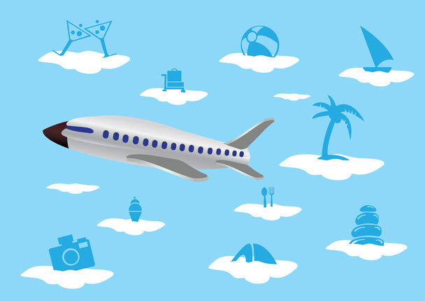 Flying Airplane with Vacation Icons on Clouds Vector Illustratio - Vettoriali, immagini