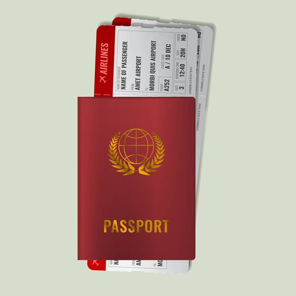 搭乗券とパスポート。赤いパスポートに 2 つの赤い航空券。現実的なベクトル図. - ベクター画像