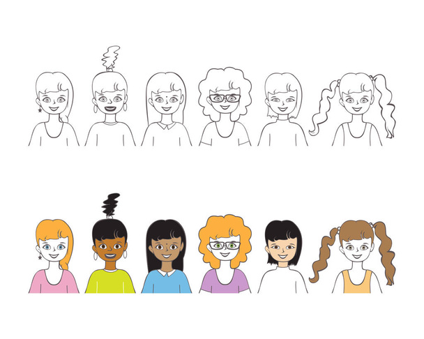 Set di ragazze carino disegnato a mano contorno stile disegno vettoriale illustrazione isolato Cartone animato icone piatte
 - Vettoriali, immagini