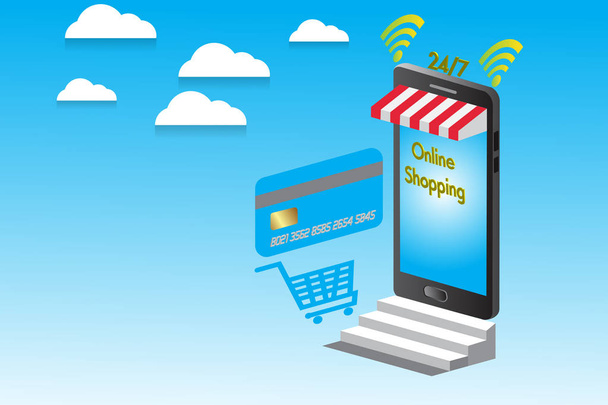 Online-Shopping auf dem Smartphone mit drahtlosem modernem Design-Template-Technologie-Konzept mit Wolken- und Himmelsvektorillustration - Vektor, Bild