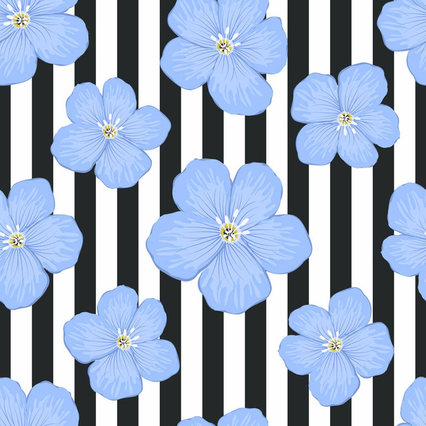 縞模様の背景にかわいい花柄。黒と白の背景に大きな青い花とのシームレスなサンプルです。ベクトル図. - ベクター画像
