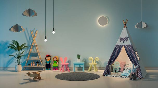 Teepee в интерьере детской комнаты ночью, 3D рендеринг
 - Фото, изображение