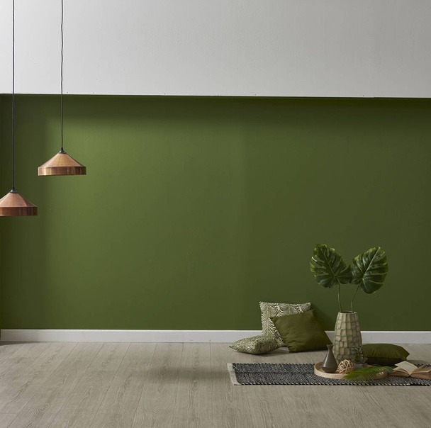 современные зеленые обои и макет интерьера украшения с растениями
 - Фото, изображение