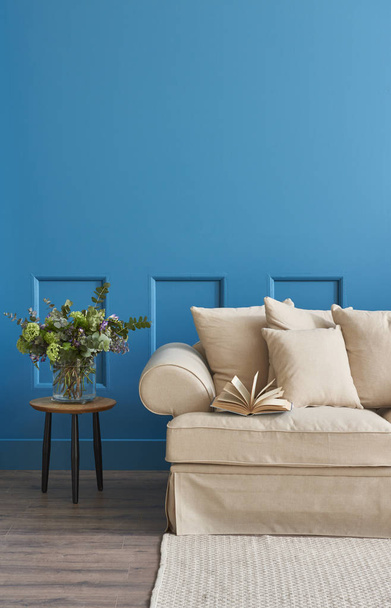 luxus nappali sarok és a kék részletek háttér, otthoni bútorok dekoratív koncepció.  - Fotó, kép