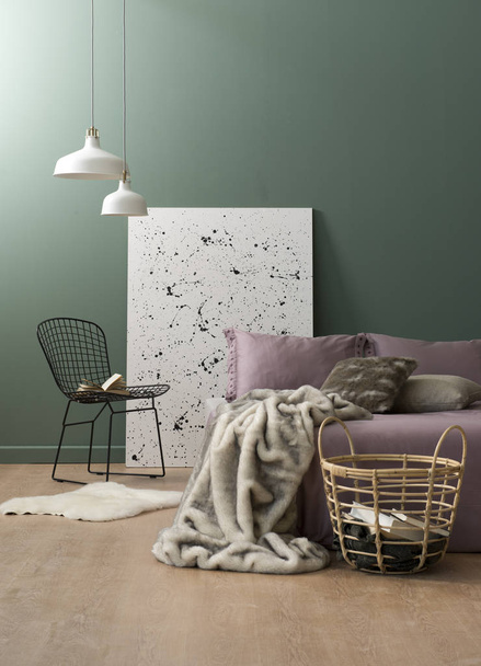 Salón de estilo verde con parquet marrón y sofá
 - Foto, Imagen