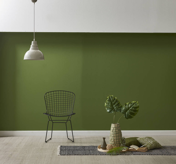 modern green wallpaper and mock up interior decoration with plants and chair - Photo, Image