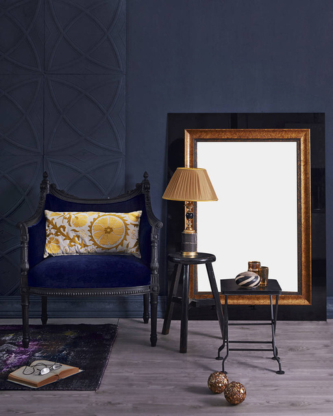 dekoracyjne ciemny i niebieski pokój i styl tła - Zdjęcie, obraz