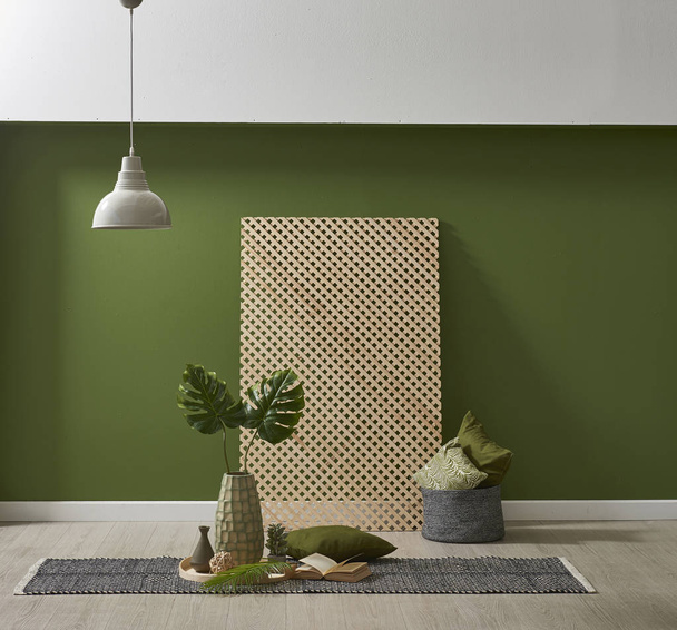 moderno papel de parede verde e simular decoração de interiores com plantas
 - Foto, Imagem