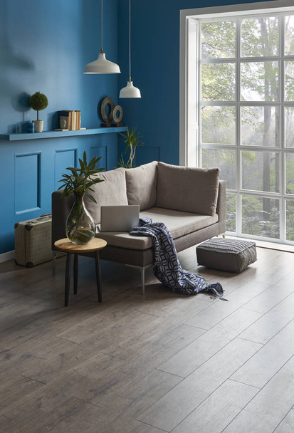 Blue room living room interior. Современный дом с лампой и креслом. роскошная гостиная угловой стиль
.  - Фото, изображение