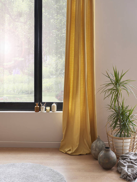 szoba és ablak belső koncepció, sárga függöny  - Fotó, kép