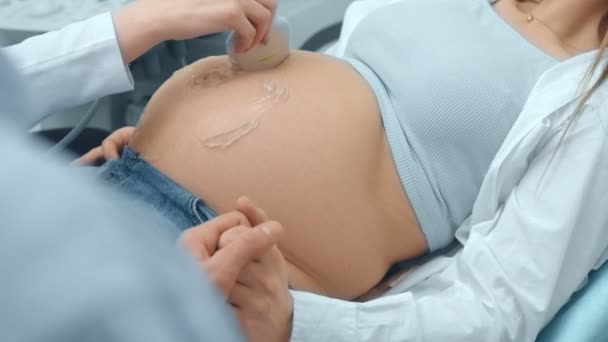 Doctor vrouw het uitvoeren van een echografie procedure op zwangere mooie vrouw. - Video