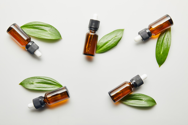 Flat lay with bottles of essential oil with green leaves on grey background - Zdjęcie, obraz