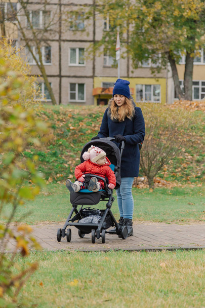 Женщина гуляет в парке с коляской и маленьким ребенком
. - Фото, изображение