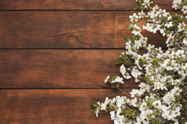 Flores de primavera de cerezo, fondo de madera oscura. Piso tendido, vista superior
 - Foto, Imagen