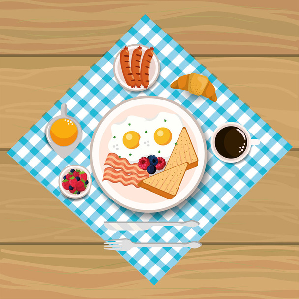 fried eggs with bacons and sliced bread - Vector, Image