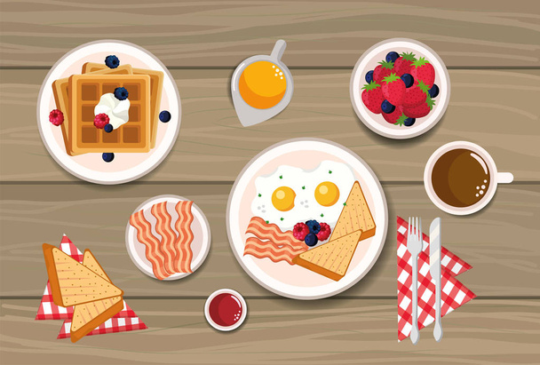 waffles with fried eggs and sliced bread - Vector, Image
