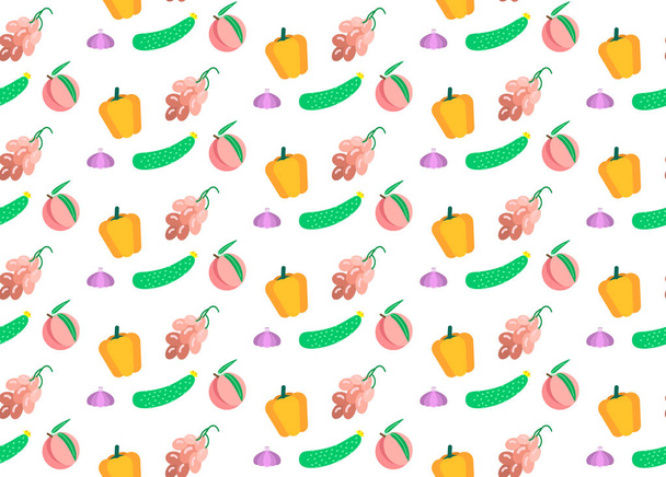 colored vegetables and fruits seamless pattern vegetarian food concept white background flat horizontal - Vektor, Bild