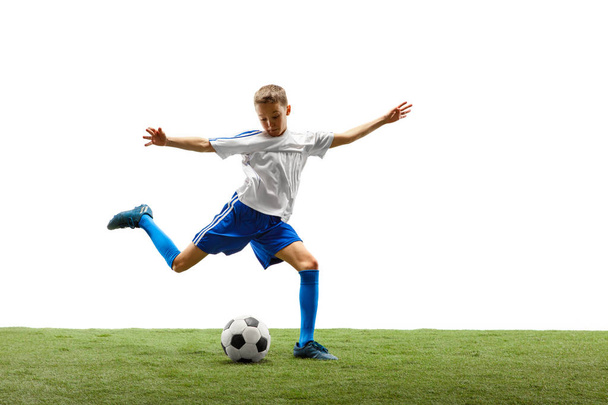 Young boy with soccer ball isolated on white. football player - Photo, Image