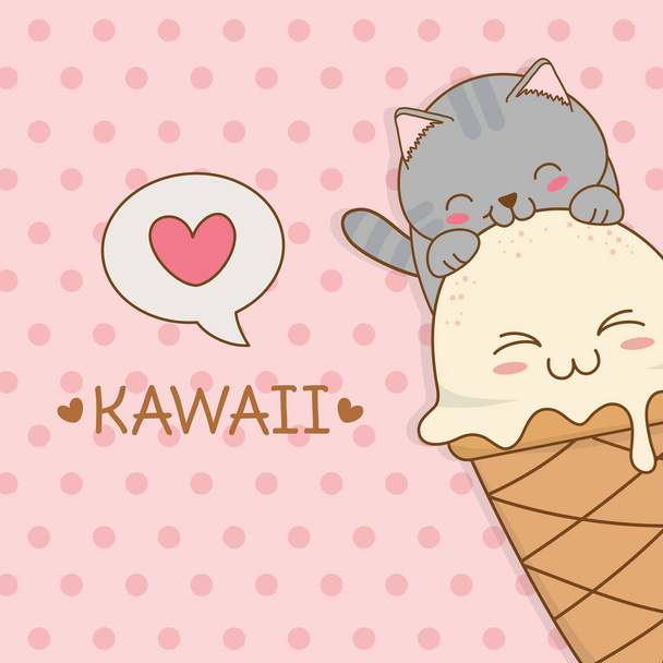 ładny mały kot znakiem kawaii lody - Wektor, obraz