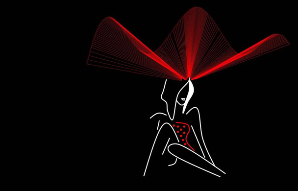 Una mujer solitaria con un sombrero rojo y un bikini. Cuadro en blanco y negro. Ilustración, fondo
. - Foto, Imagen