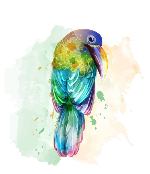 Tropic colorful parrot bird Vector watercolor. Cute bird illustration. blue colors splashs - Vector, imagen