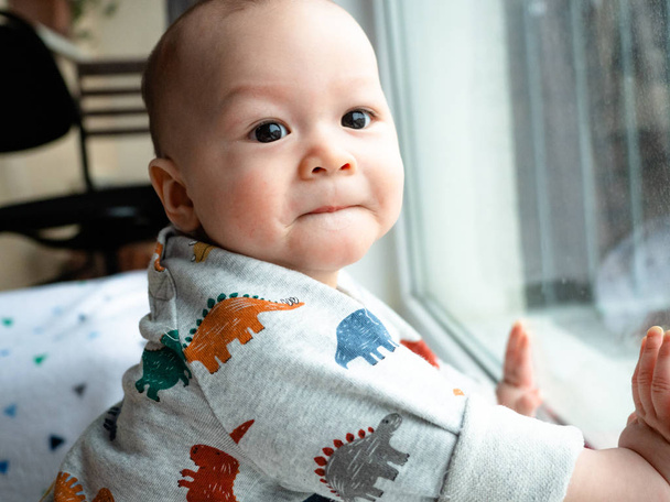 Bonito 5 meses de idade misto meia raça asiático caucasiano menino olhando feliz sorrindo e rindo da câmera, menino saudável criança. Meio tailandês meio polaco. Comprimir os lábios, dobrar os lábios
. - Foto, Imagem