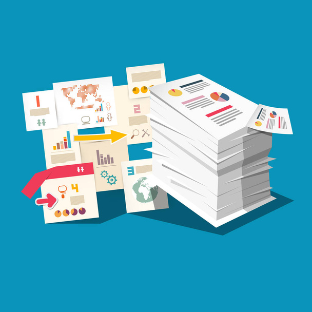 Paperwork Concept with Business Documents and Stak of Paper. Vector Taxes or Infographic Design. - Vector, Image