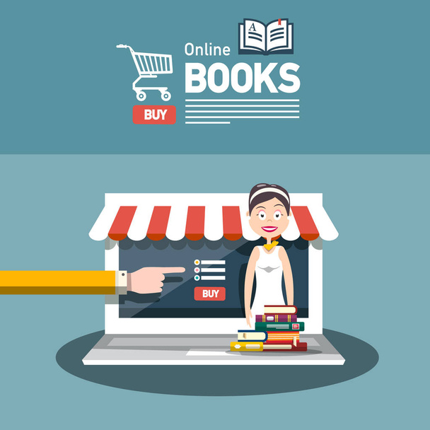 Tienda de libros en línea Vector Flat Design with Books and Woman. Biblioteca E-shop Concepto
. - Vector, imagen