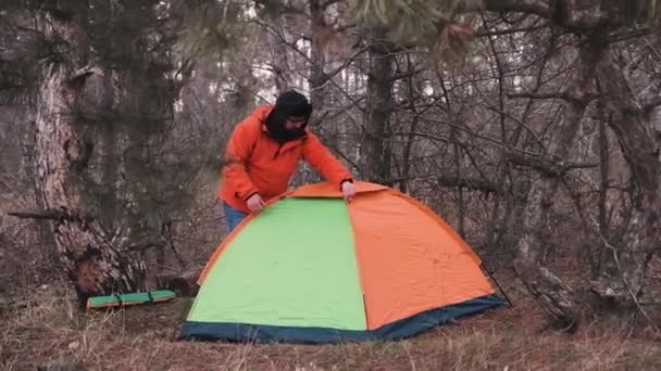 Samotny turysta przejeżdżał przez las sosnowy konfiguruje namiot na noc - Materiał filmowy, wideo
